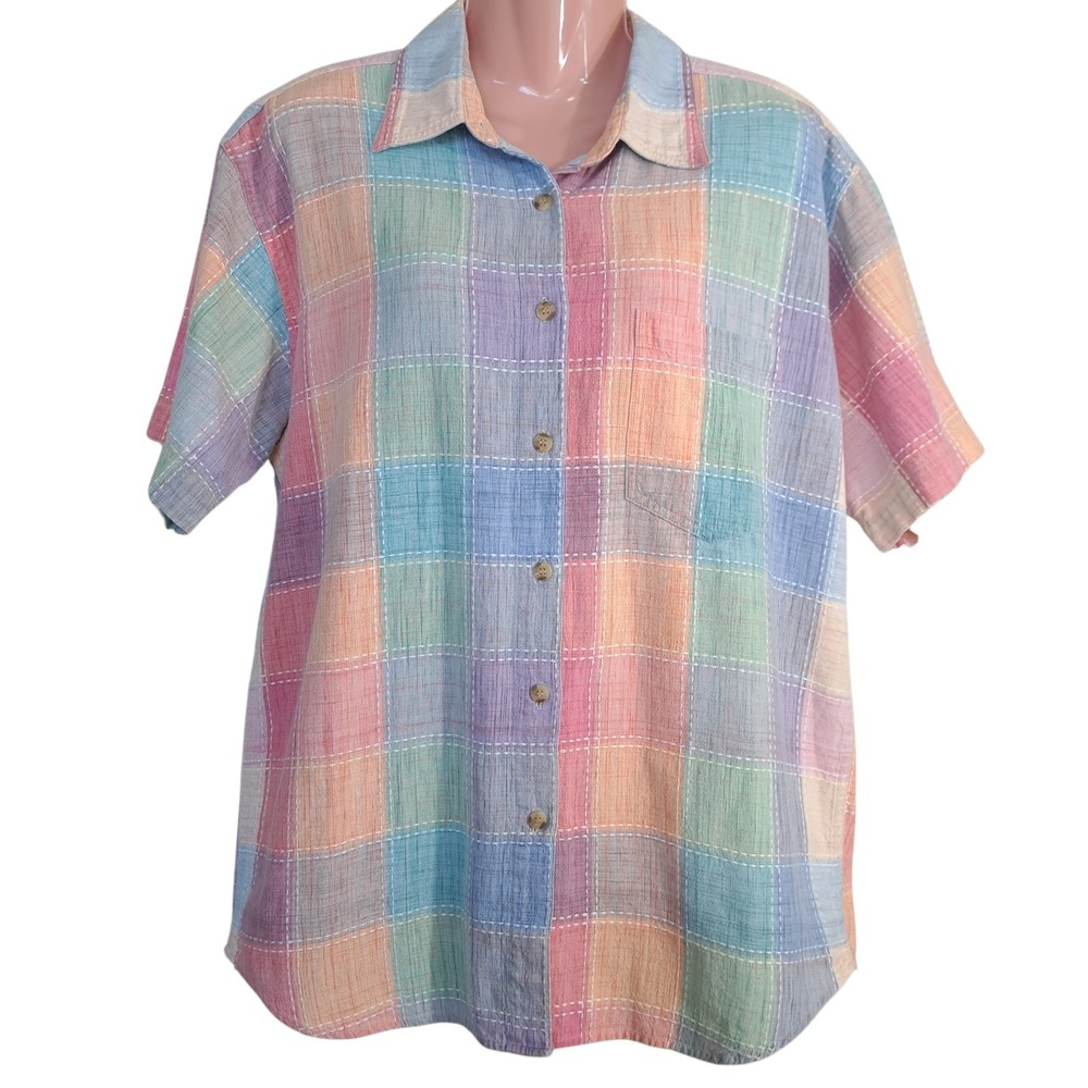 Blue Spruce Women Plaid Button-Up Collared Shirt Size M Multicolor Short Sleeve